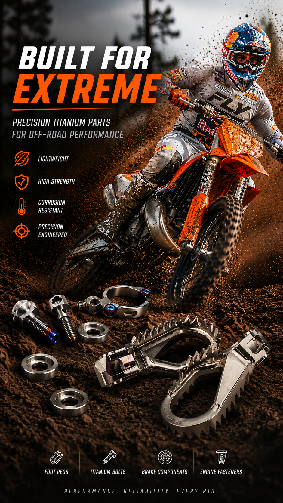 Premium Gr5 titanium off-road footpegs, engineered via precision CNC milling and heavy-duty